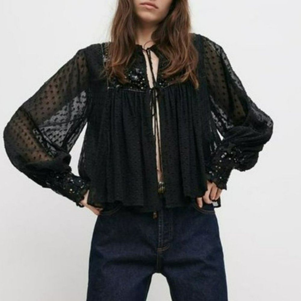 NWT Zara | Black Plumetis Sequins Beaded Tassel Long Sleeve Blouse Jacket Top